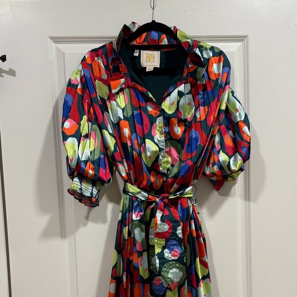 Emily Mccarthy Rowan Pleated Cheetah Dress size L Like New - Picture 1 of 5